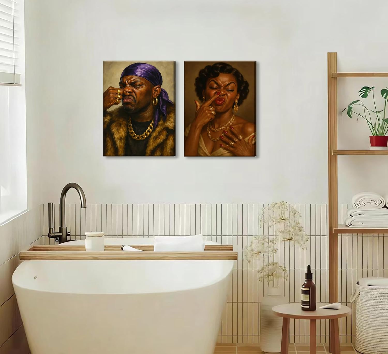 TEOVGKN Funny African American Bathroom Wall Art - Humorous Black Couple Canvas Prints | Framed 12x16 in