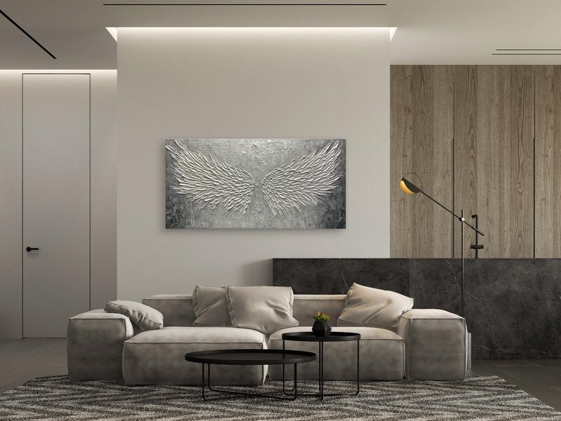 BASNLIFE Wall Art with Canvas Hand Painted Wings, Grey and White Heavy Texture Oil Painting Wall Decor, Modern Painting Artwork for Wall for Living Room Bedroom Office Home Decor(48" Wx24 L)