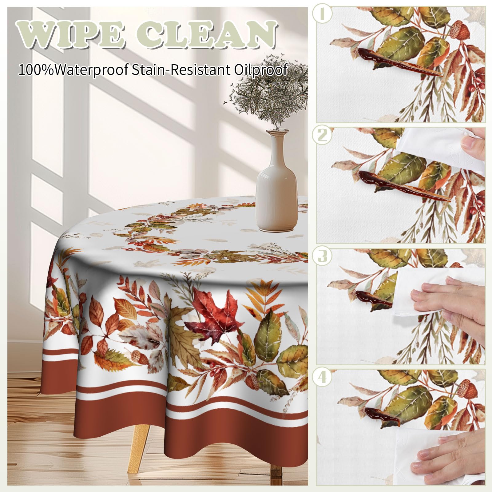 Imiss Fall Round Tablecloth Autumn Maple Leaves Printed Wrinkle Resistant Washable Tabletop Thanksgiving Table Cover for Seasonal Holiday Dining Party Decor 60 Inch