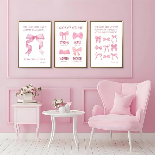 JBZDD Christian Pink Bow Wall Art - Set of 3 Unframed Inspirational Bible Verse Prints | 12x16in for Girls' Room Decor