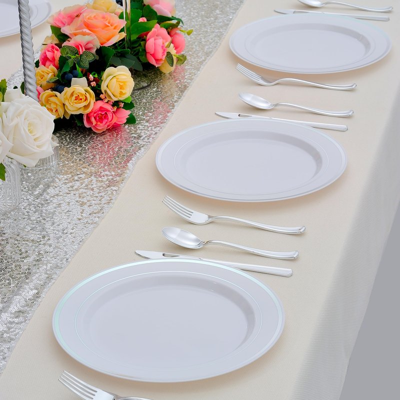 ISFANGCO 50 PCS Silver and White Plastic Plates for 50 Guests,10.25inch Silver Rimmed White Disposable Plastic Plates for Wedding,Party,Birthday,Smooth Edge & Heavy Duty Dinner Plate