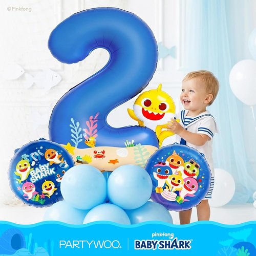 Baby Shark | PartyWoo 40-Inch Blue Foil Number 2 Balloon - Mylar Helium Birthday Decoration for Kids