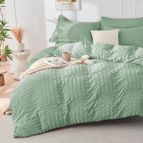 HYMOKEGE Queen Comforter Set - Sage Green Seersucker 7-Piece Luxury Bedding Set | All-Season Comfort