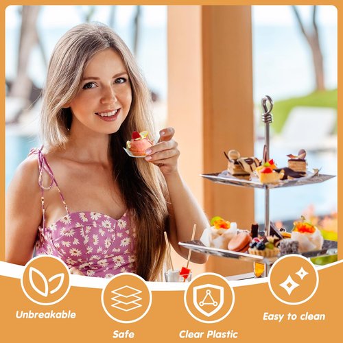 Tessco 400 Pcs Mini Dessert Plates Set 200 Clear Disposable Mini Appetizer Plates Plastic Tray 100 small Appetizer Forks 100 Tasting Spoons for Wedding Birthday Party(Oval, Flower Style)