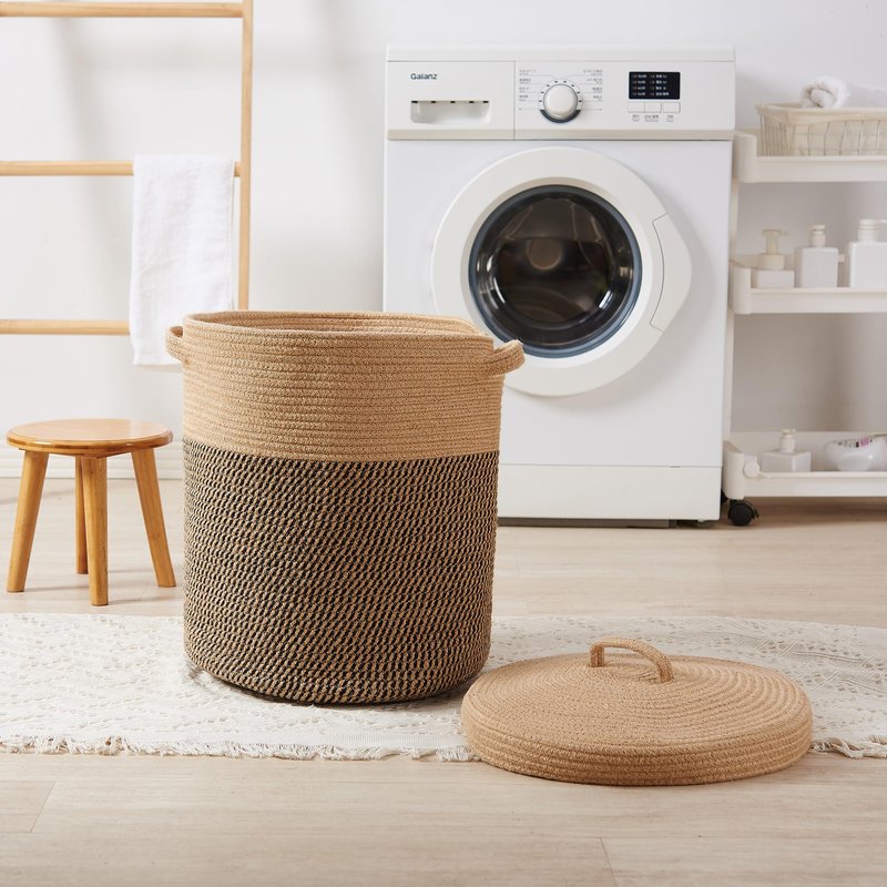 Extra Large Storage Basket with Lid 60L, 16"Wx18"H Woven Laundry Hamper Basket with Handle, Jute Rope Wicker Basket Blankets Pillows Storage in Living Room Baby Nursery, Jute/Black Mix includes Lid