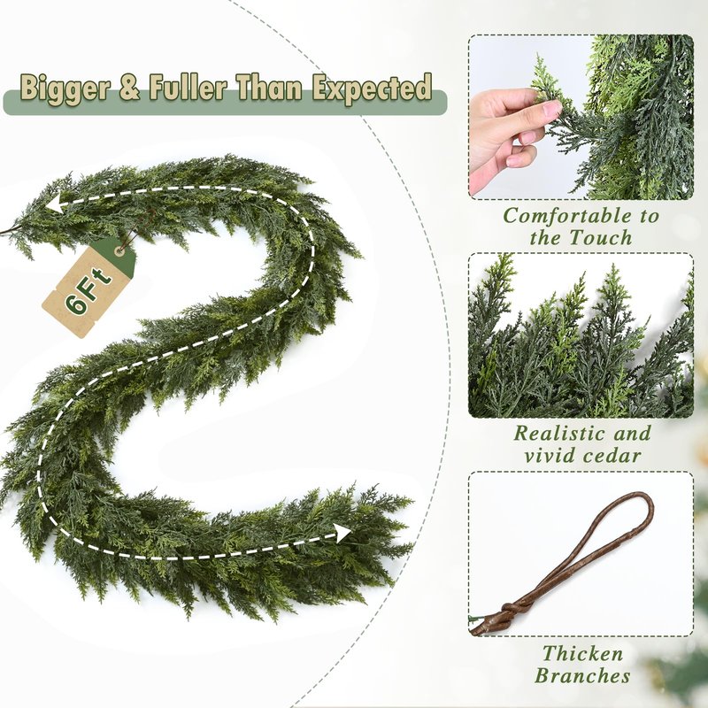 Waipfaru 2 Pcs 6 Ft Christmas Cedar Garland, Real Touch Pine Garlands, Artificial Realistic Faux Greenery Garland for Xmas Home Mantle Fireplace Wall Indoor Outdoor Christmas Decorations