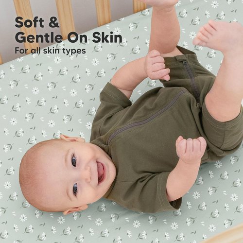 KeaBabies Organic Crib Sheets - 2-Pack Fitted Jersey Cotton for Baby Beds | Soft, Breathable, Neutral Daisies 52x28