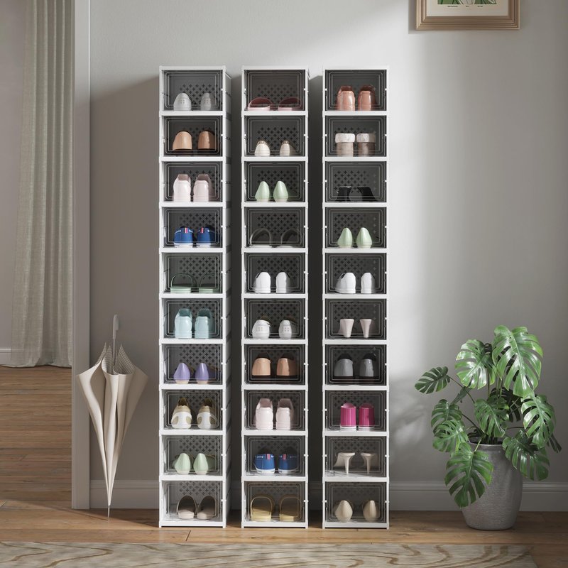 HOMCOM 8 Pack Foldable Shoe Organizer, Plastic No Assembly Stackable Shoe Storage Box with Clear Door, Space Saving, Fit up to US Size 10, White