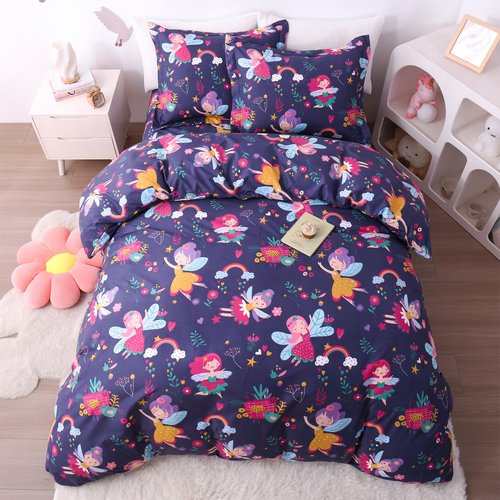 JSD Fairy Floral Kids Duvet Cover Set Full Size, 3 Piece Girls Printed Microfiber Comforter Cover with Pillow Shams Zipper Closure, Comforter Not Included