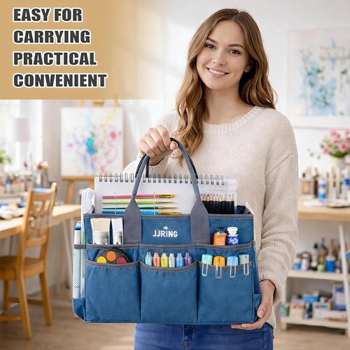 JJRING Large Art Supply Storage Tote Bag - Sturdy Craft Organizer with Mesh Pockets | Green, Foldable Design for Artists & Teachers