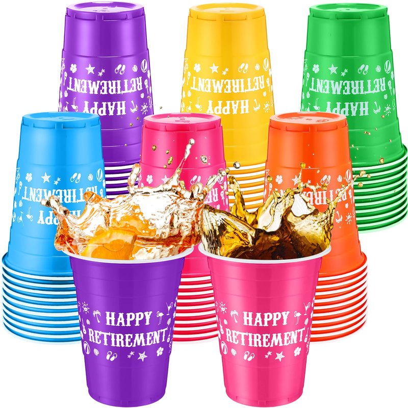 Mimorou 60 Pcs 16 oz Happy Retirement Disposable Party Plastic Cups Beverage Drinking Cups Plastic Juice Cups for Hawaiian Retirement Party Theme Decorations Drinks Soda Barbecues Picnics Supplies