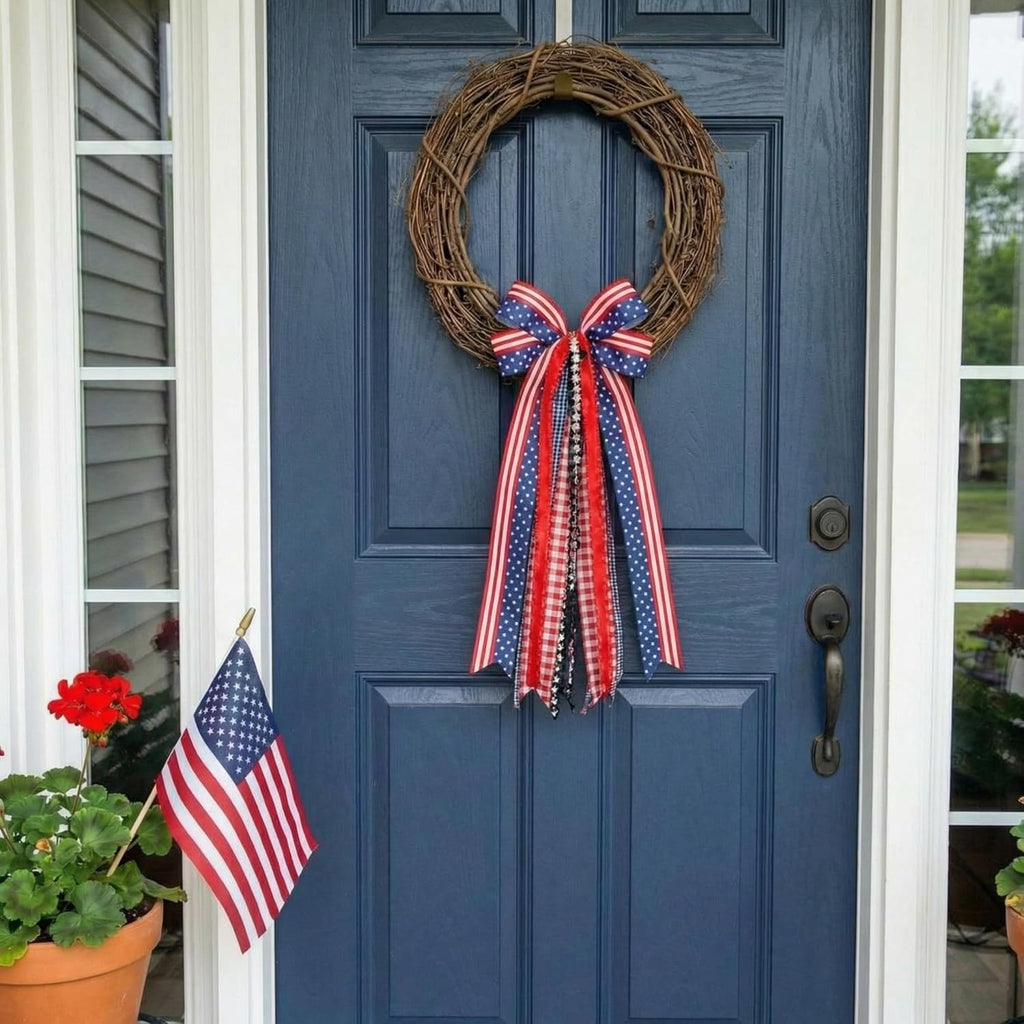 Riceshoot Patriotic 4th of July Wreath - Large Red, White & Blue Ribbon Bow for Indoor/Outdoor Decor
