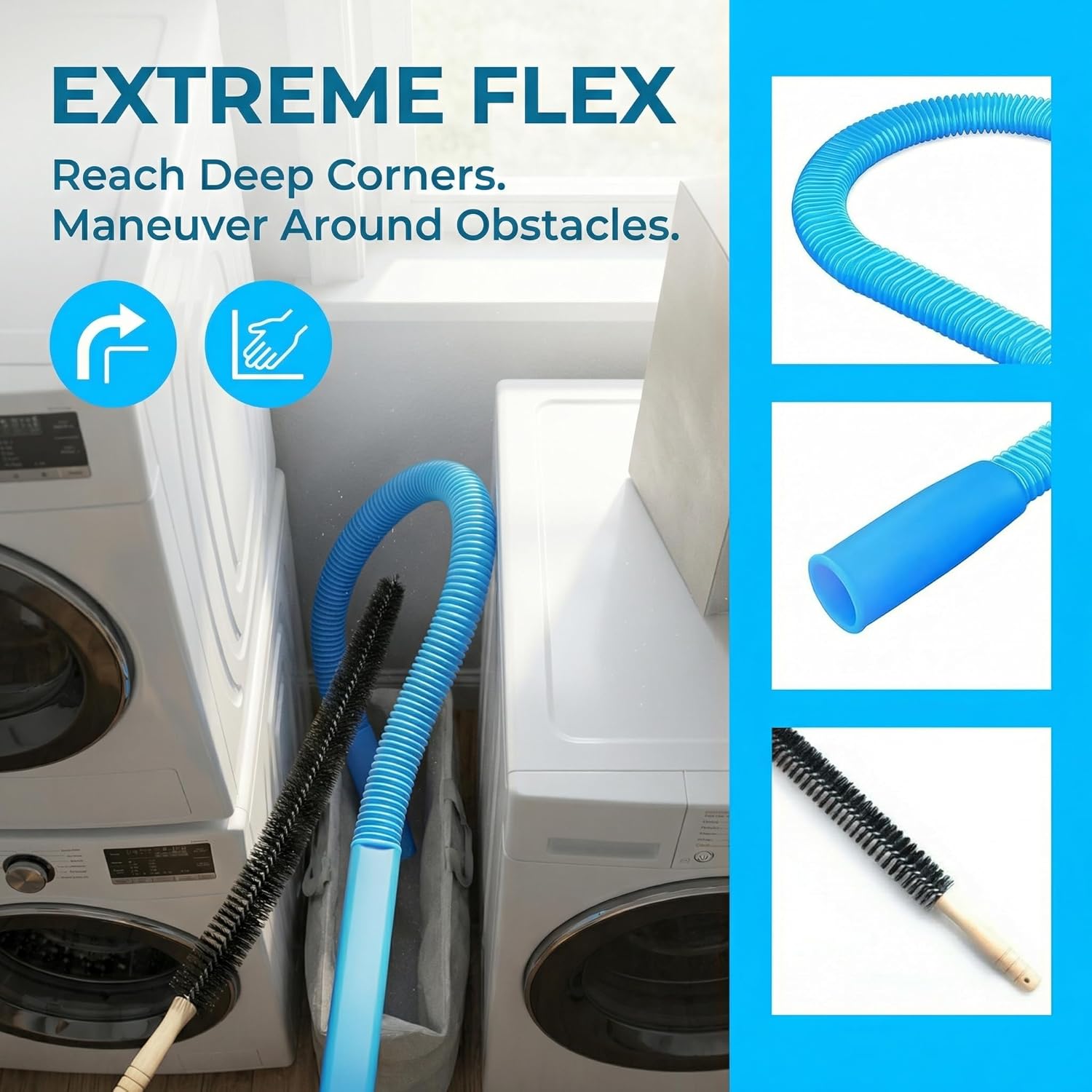 Skiennix Dryer Vent Cleaner Kit - 31.5" Flexible Lint Vacuum Attachment | Universal Fit, Reduces Fire Hazards, Deep Cleans Clogged Vents (Blue)
