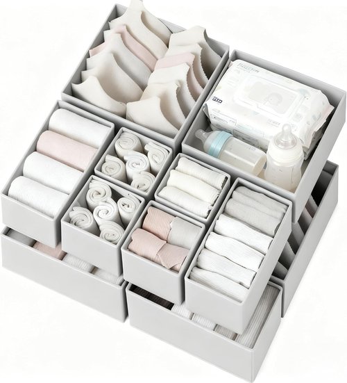 Criusia Drawer Organizer | 12-Pack Dresser Storage Bins for Nursery & Bedroom - Grey Clothes Dividers