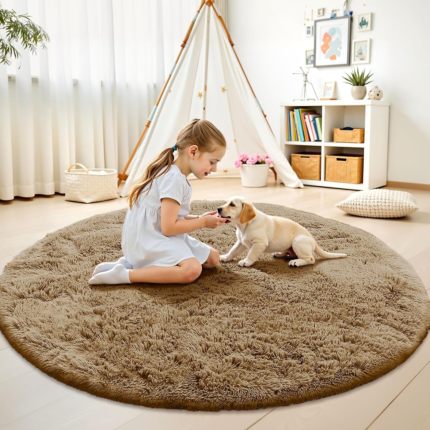 OLANLY Taupe Round Area Rug - Soft, Fluffy, Machine Washable 5 ft Circle Carpet for Bedroom & Living Room Decor