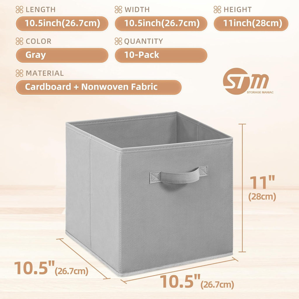 **Storage Maniac 11-Inch Collapsible Storage Cubes - Durable Fabric Bins for Closet & Organization | 10-Pack Grey**