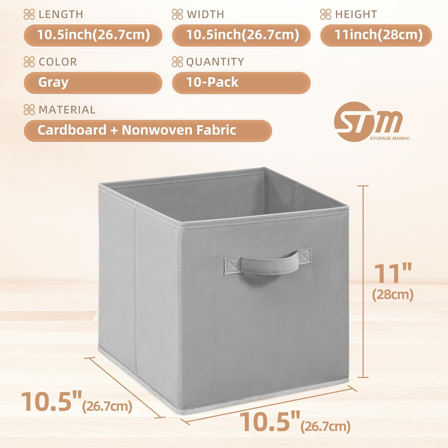 **Storage Maniac 11-Inch Collapsible Storage Cubes - Durable Fabric Bins for Closet & Organization | 10-Pack Grey**
