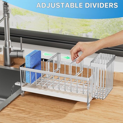 Cisily Sponge Holder for Kitchen Sink, Sink Caddy Organizer with High Brush Holder, Kitchen Countertop Organizers and Storage Essentials, Rustproof 304 Stainless Steel (Silver, 9.25″)