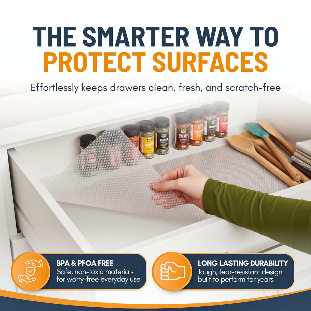 Shelf Liner Drawer Liner for Kitchen Cabinets Non-Adhesive by Linda’s Essentials (17.7 x 120 Inches) - Non-Slip Easy Clean Kitchen Cabinet and Cupboard Protector, Waterproof Mat, Clear Roll