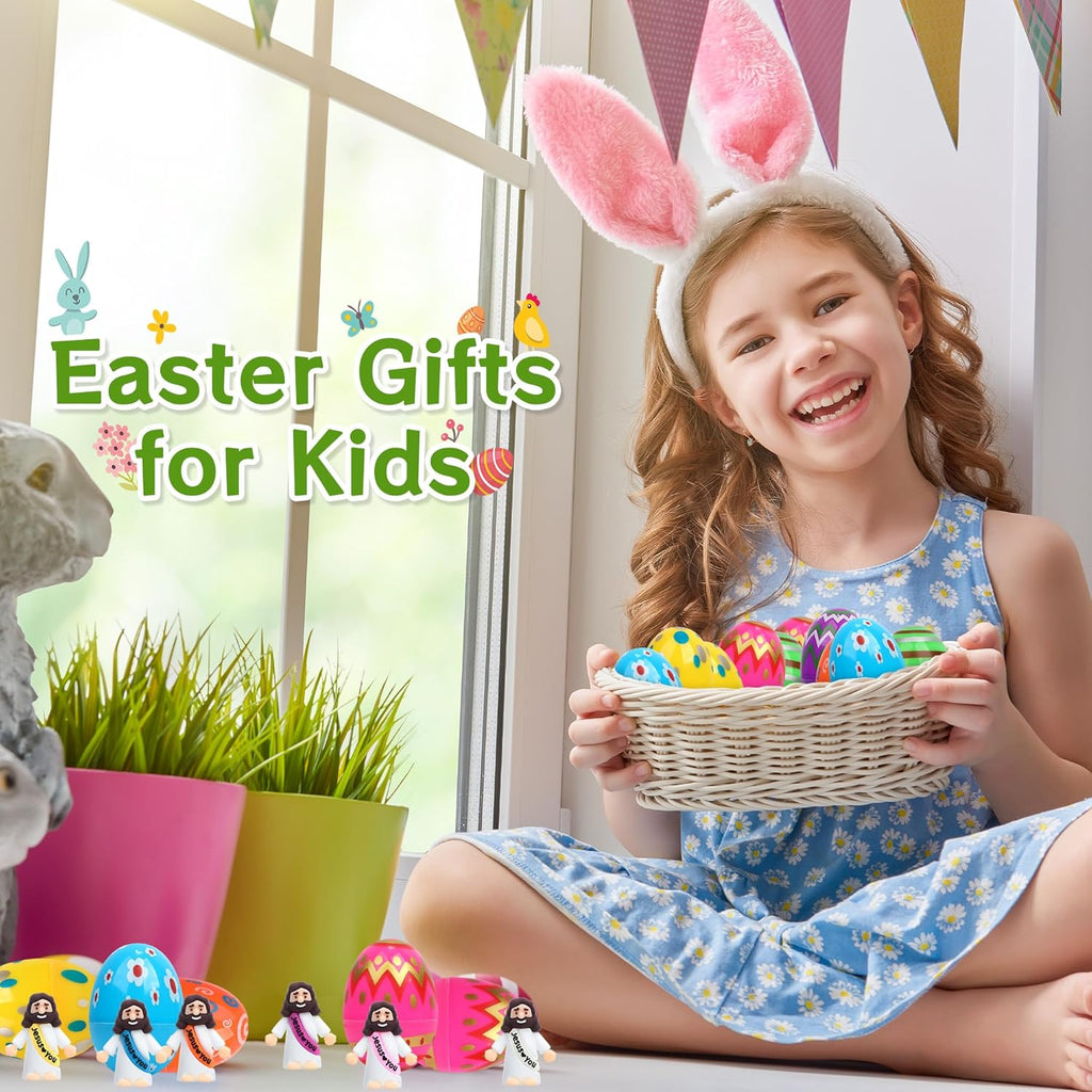 Regine Switzerland Easter Basket Stuffers - 60 PCS Colorful Eggs & Jesus Figurines for Kids' Parties