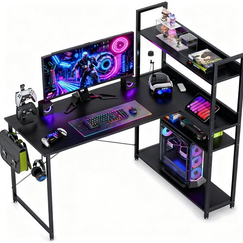 CubiCubi Computer Corner Desk with Storage Shelves, 47 Inch Reversible Small L Shaped Computer Desk, Home Office Writing Desk with 2 Hooks, Black