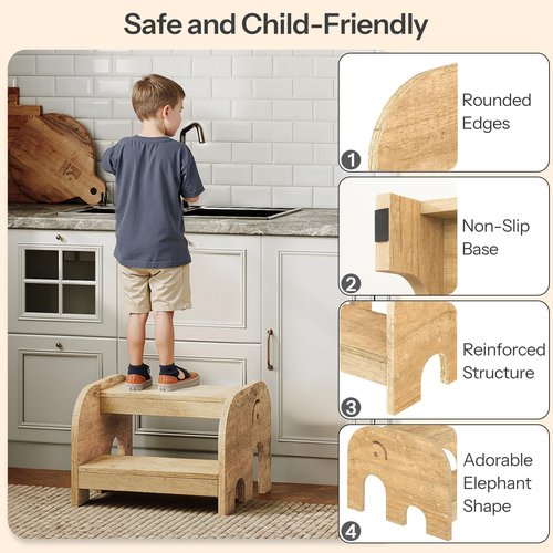 HOOBRO Kids Step Stool, Elephant-Shaped 2-Tier Step Stool for Kids, Wooden Potty Training Stool, Non-Slip Pads for Safety, Easy to Move for SNK, Bathroom, Kitchen, Bedroom, Natural NL04JD01