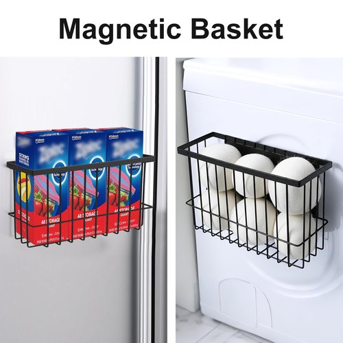 2 Pack Magnetic Basket, Magnetic Dryer Ball Holder for Laundry Room Dryer Ball Organization with 4 Caddy Adhesive Stickers, Cabinet Door Organizer for Kitchen Wrap Food Bag Tin Foil Storage, Black
