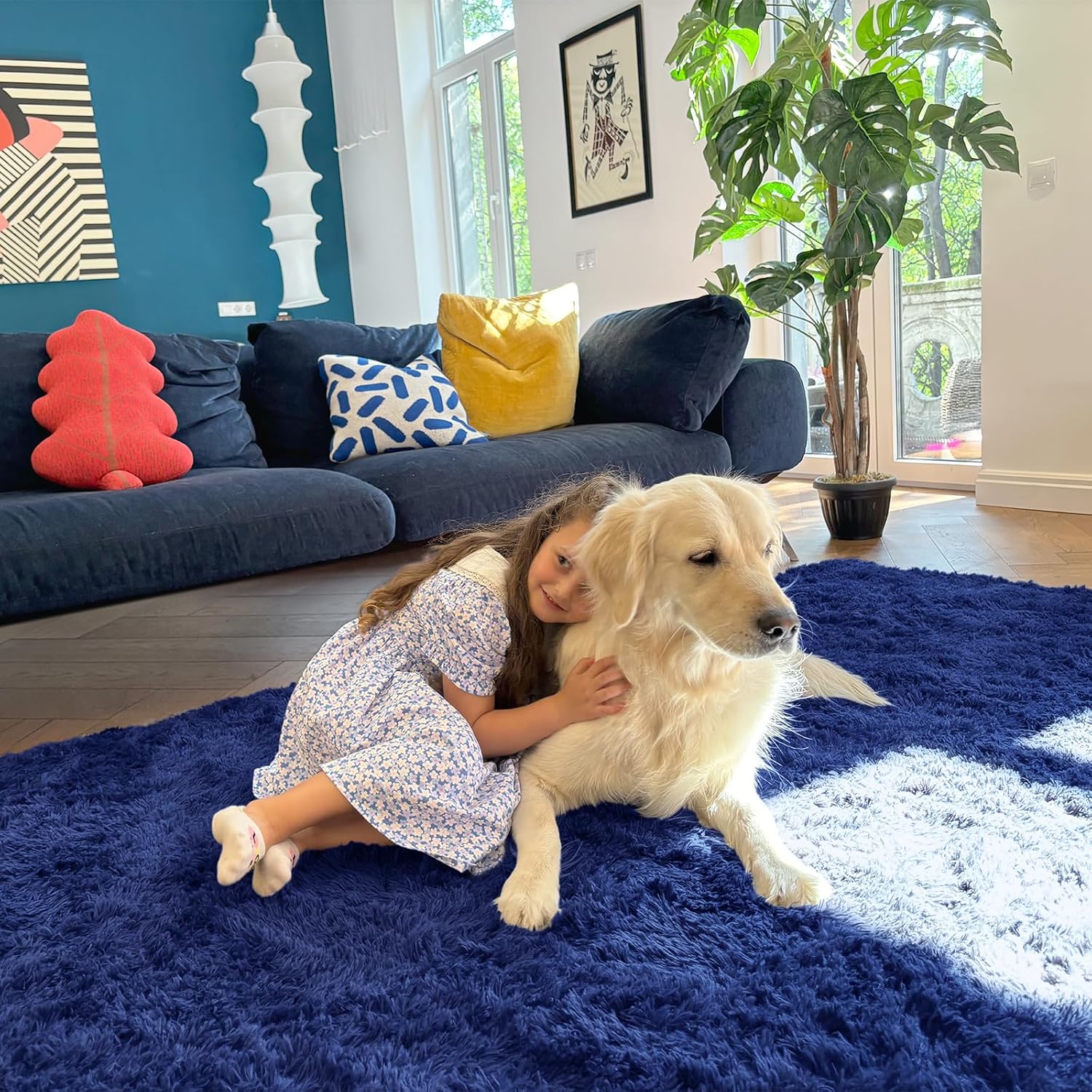 OLANLY Runner Rugs - Soft Fluffy Machine Washable 2x5 for Hallway & Bedroom | Navy Blue Indoor Carpet