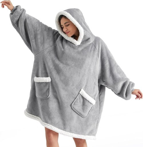 Bedsure Blanket Hoodie - Cozy Wearable Sherpa Sweatshirt for Women & Kids | Grey, Standard Size