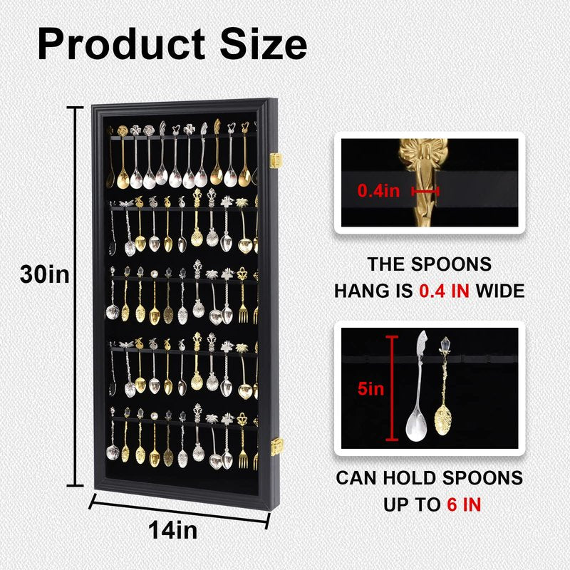 COMSREV 60 Souvenir Tea Spoon Display Case Collection Collector Rack Wall Mount Wooden w/98% UV Acrylic Door Lockable（Black）