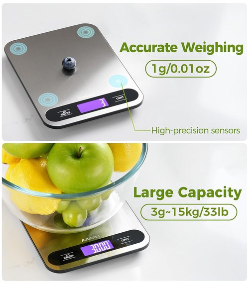 Atogou Digital Kitchen Scale - 33lb/15kg Capacity, Full View LCD Display, Durable Stainless Steel Surface | Black