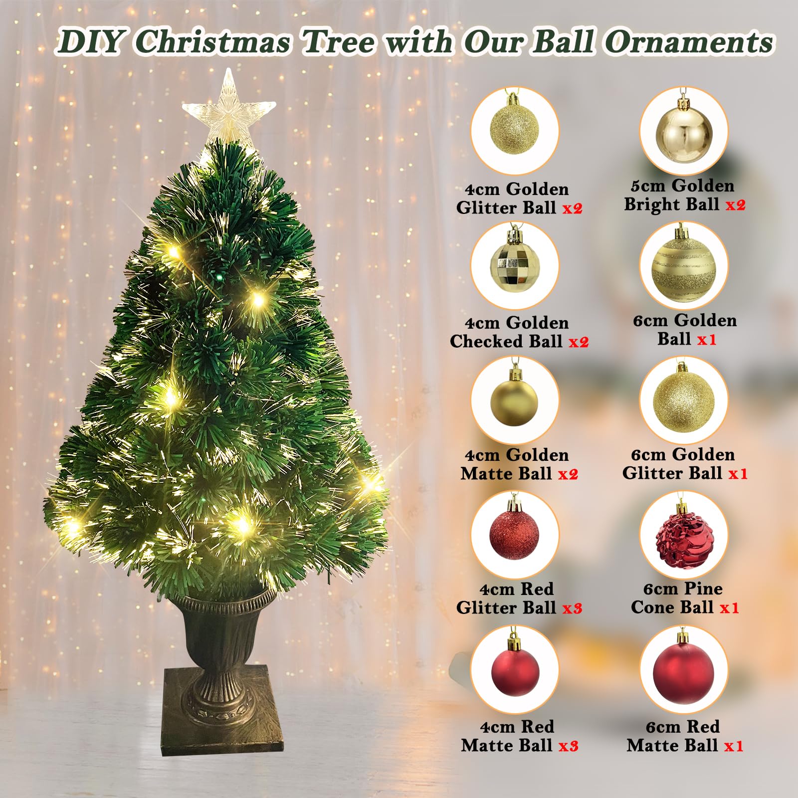 Joeoy 3Ft Pre-lit Optical Fiber Christmas Tree, Artificial Lighted Entrance Xmas Tree with Tree Topper Star and Hanging Ornaments Christmas Decorations for Yard Front Door Entryway