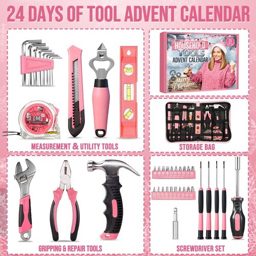 Household Tool Advent Calendar - 24-Day Pink Countdown for Women & Girls | Perfect DIY Gift for Christmas