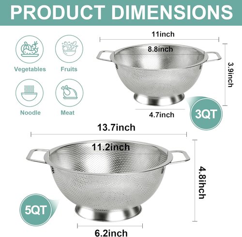 Kaishun Stainless Steel Colander - 3-Quart Kitchen Strainer for Pasta, Fruits & Vegetables | Dishwasher Safe
