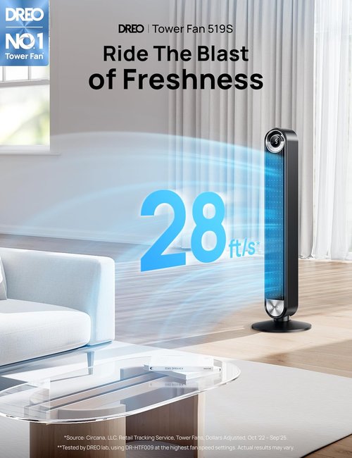 DREO Tower Fan - 90° Oscillating Standing Floor Fan with 28ft/s Velocity, 25dB Quiet Operation, 9 Speeds & Remote Control