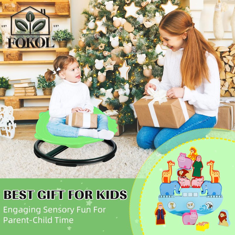 FOKOL 2025 New Upgraded Kids Sensory Swivel Chair, Autism Spinning Chair for Body Coordination Training, Autism Sensory Chairs for Autistic and ADHD Kids, Spin Seat, Non-Slip Metal Base (Green)