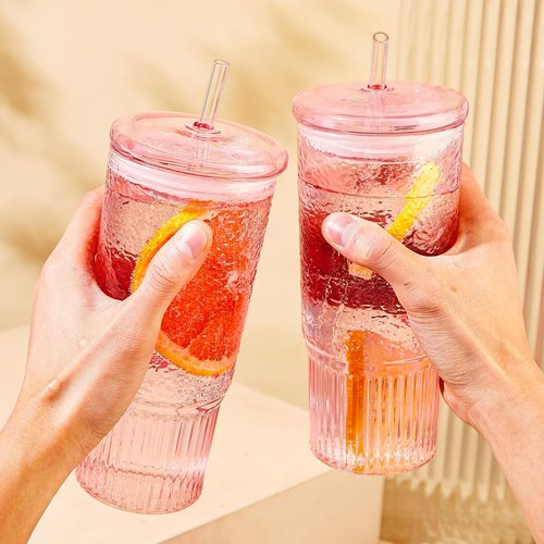 JunVpic Glass Cups with Lids and Straws,24oz Glass Tumbler with Handle Iced Coffee Cup for Coffee,Juice,Tea,Milk,Smoothie,Hot & Cold Drinks (Pink)