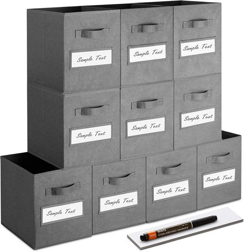 Artsdi 11-Inch Storage Cube Set - Foldable Fabric Bins with 10 Labels & Pen | Gray Closet Organizer