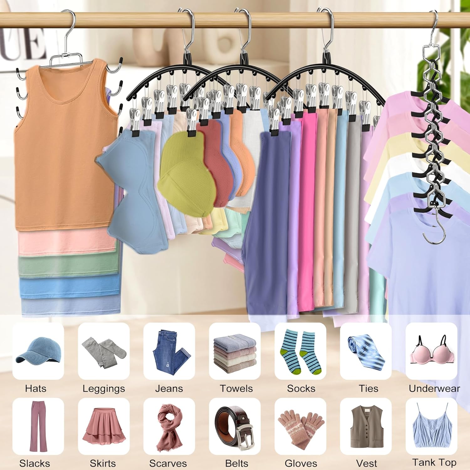 Skiennix Legging Organizer - 5 Pack Closet Hangers with 30 Clips & Tank Top Hanger | Space-Saving Storage