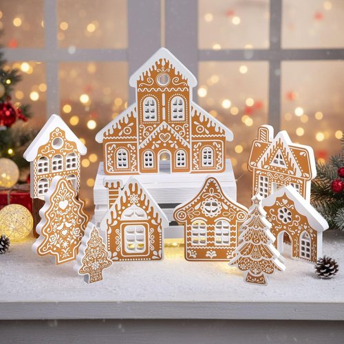 Faccito 9-Piece Wooden Gingerbread House Decor Set - Festive Christmas Village Centerpiece for Indoor Decorations