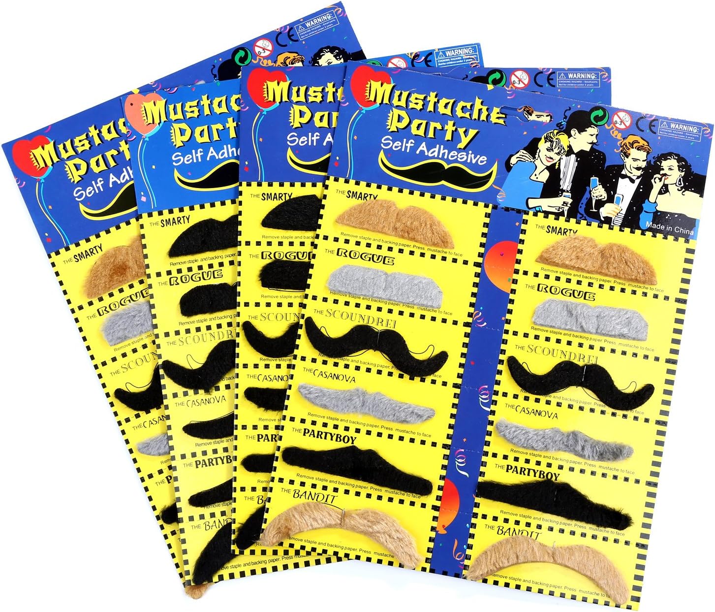 Whaline 48Pcs Self-Adhesive Fake Mustaches Set - Fun Costume Facial Hair for Halloween Parties