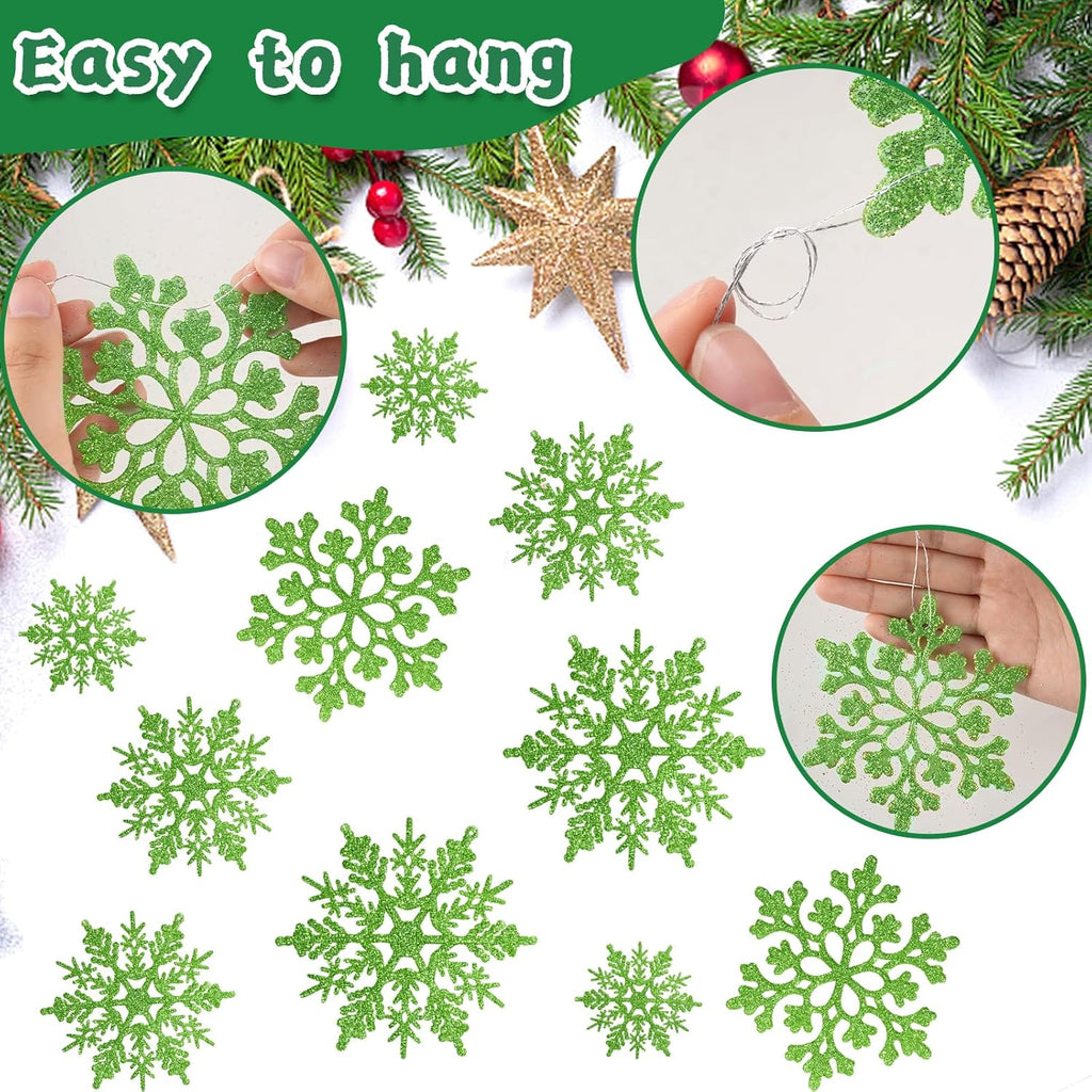Skiennix 36pcs Christmas Lime Green Snowflake Ornaments - Plastic Hanging Decor for Holiday Home & Parties
