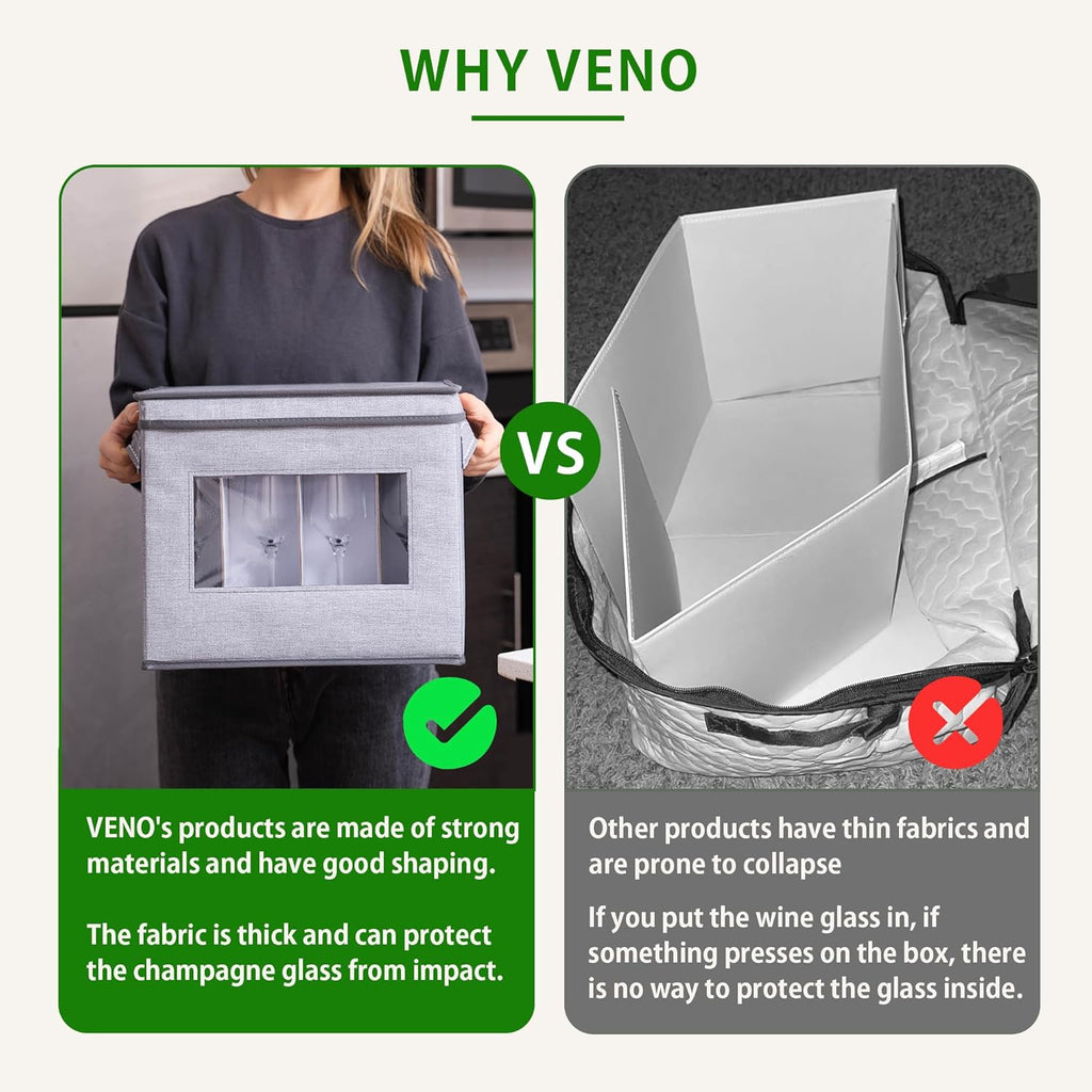 VENO Champagne Flute Glass Storage Box - 2 Pack with Lid & Handles | Organizer for 12 Glasses