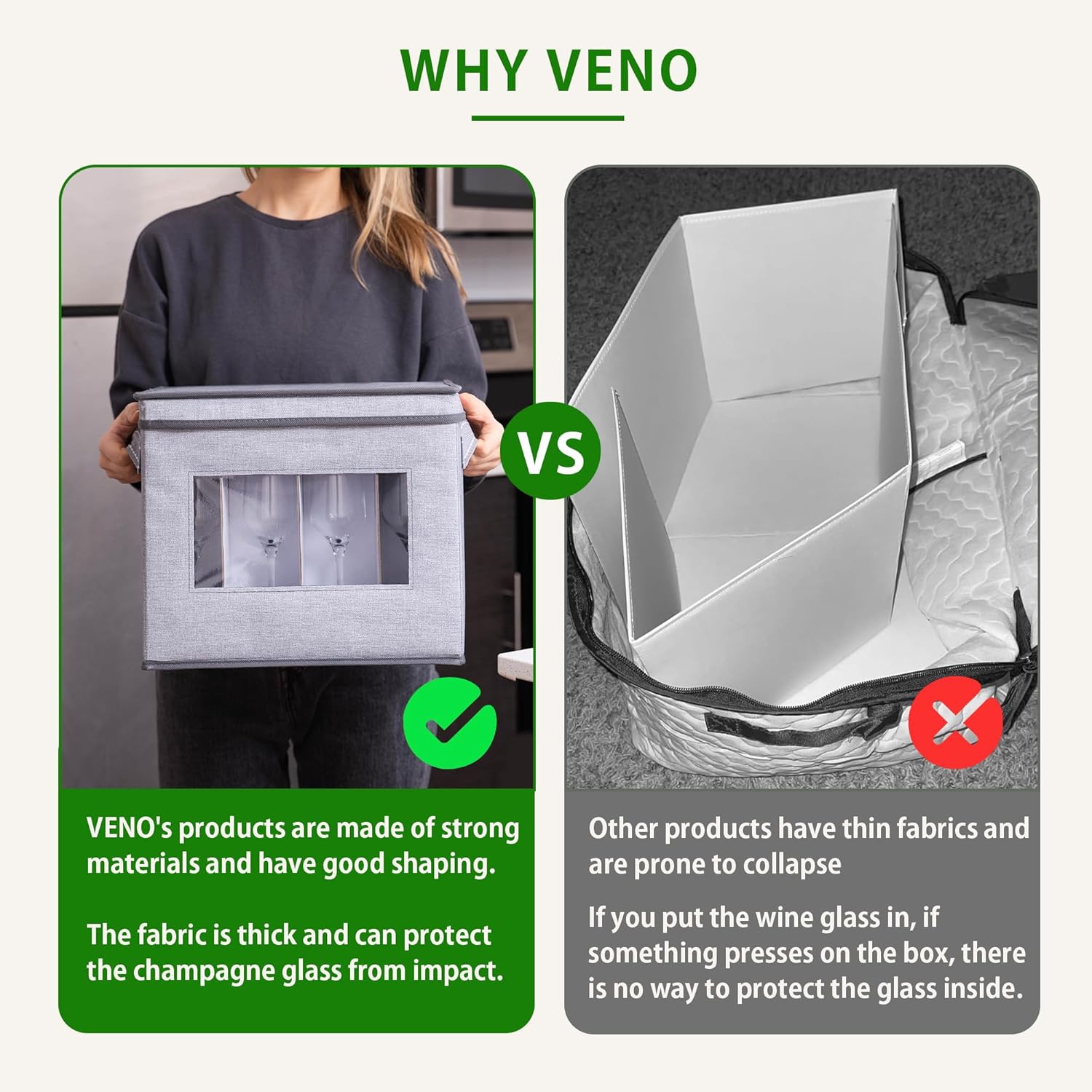 VENO Champagne Flute Glass Storage Box - 2 Pack with Lid & Handles | Organizer for 12 Glasses