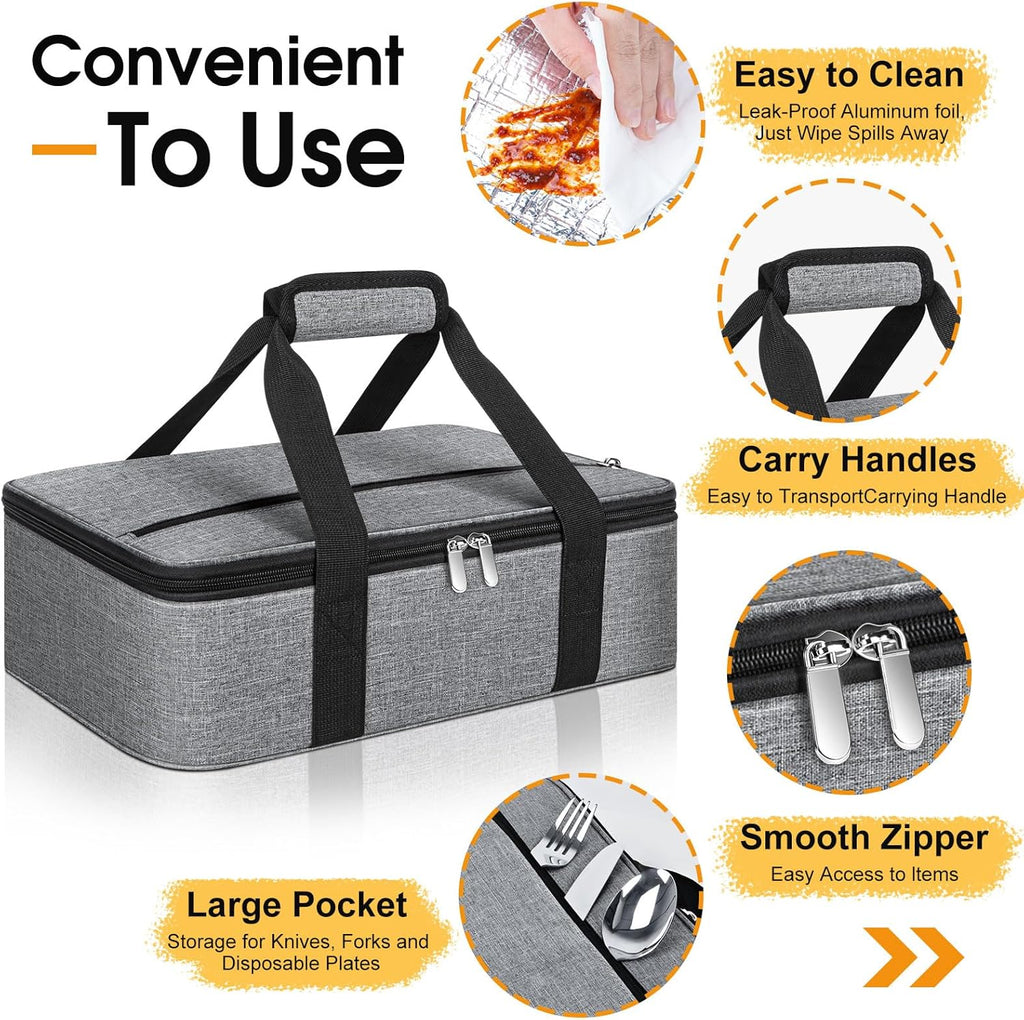 Skiennix Insulated Casserole Carrier - Portable Hot & Cold Food Tote Bag for Potlucks | Fits 9" x 13" Dish - Grey