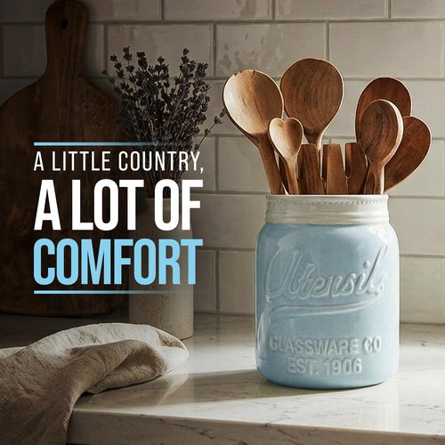 Comfify Wide Mouth Mason Jar Utensil Holder Decorative Kitchenware Organizer Crock, Dishwasher Safe - Kitchen Caddy Aqua Blue for Countertop, Large Size 7" Hight