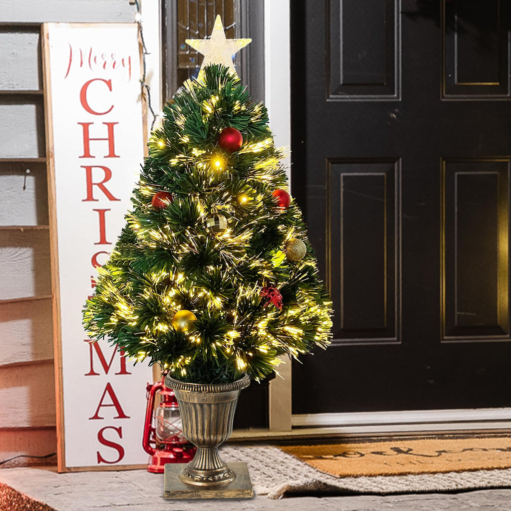 Joeoy 3Ft Pre-lit Optical Fiber Christmas Tree, Artificial Lighted Entrance Xmas Tree with Tree Topper Star and Hanging Ornaments Christmas Decorations for Yard Front Door Entryway