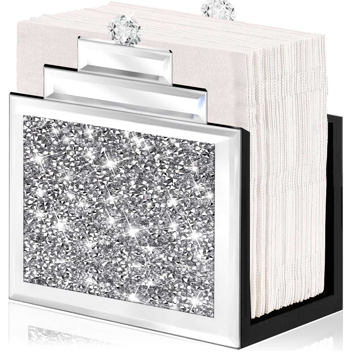 Wocred Mirror Napkin Holder,Crystal Crushed Diamond Vertical Holder,Cute Tissue Holder Holds Napkins Upright for Bathroom，Dining Table，Kitchen Table.(6.8”X5.9”X3”)