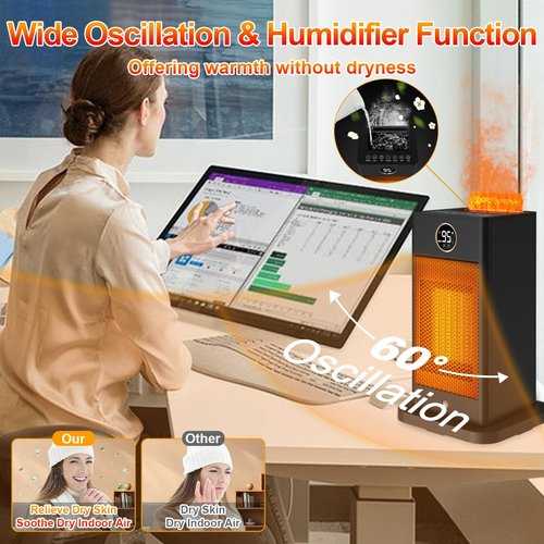 3-in-1 Space Heater,Humidifier/Sensor/ECO,Electric Heater with 90°Oscillating/Thermostat/12H Timer/Dual Control,Space Heater Indoor with 3D Flame Ambiance/Heater Heat Up 260 sq.ft(Amber Black)