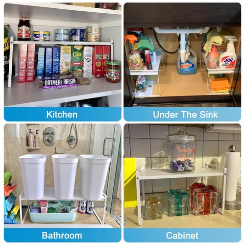 Expandable Cabinet Countertop Shelves, 11" Deep Cabinet Shelf Organizer Riser for Kitchen Pantry Cupboard Under Sink Countertop Organization Storage, Adjustable Metal Organizer Shelf with Nonslip Legs